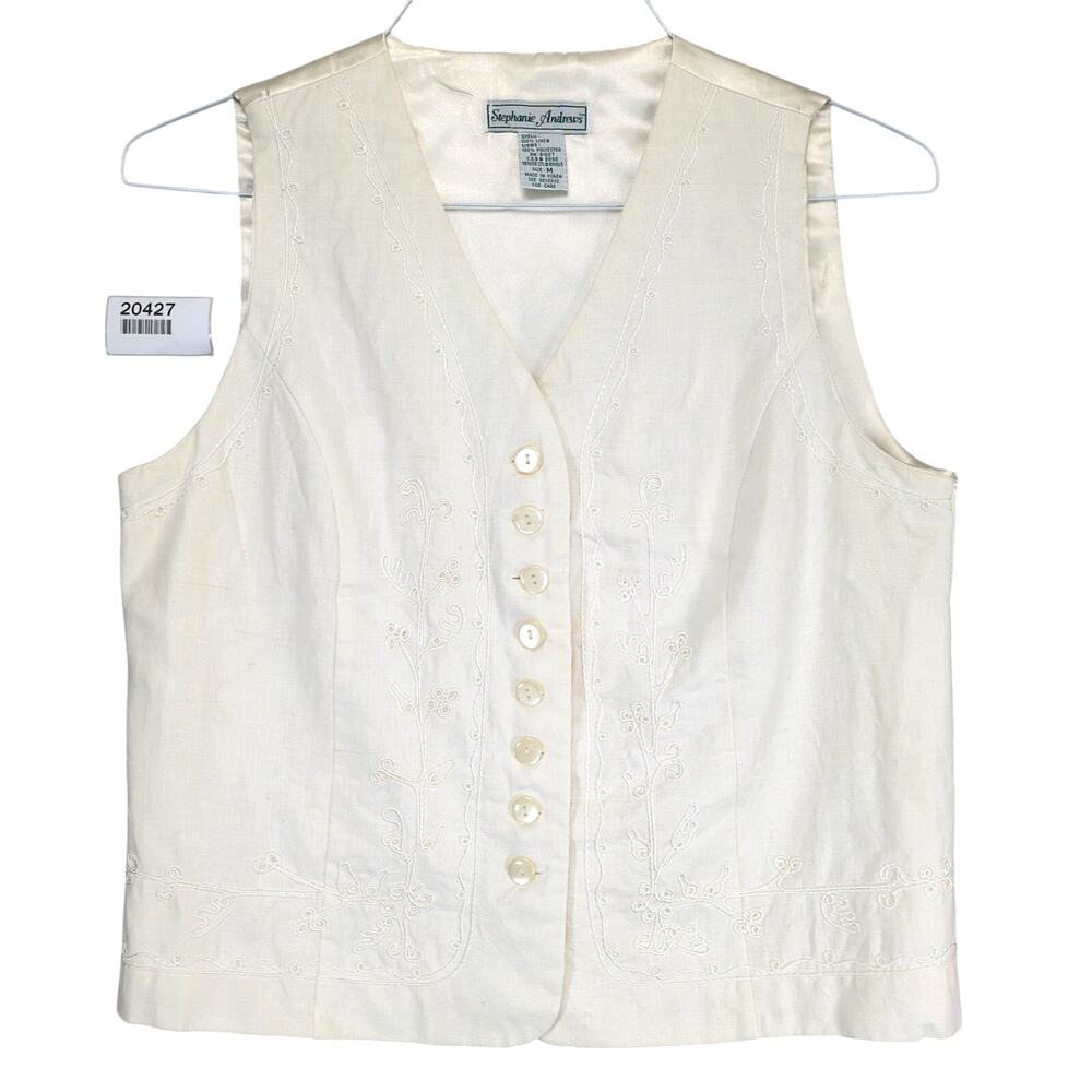 Vtg Stephanie Andrews Women's M Cream Linen Embroidered Vest, 8 Buttons Academia